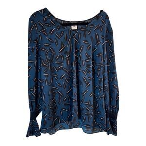 Y2K CAbi Leaf Print Flare Sleeve Blouse XL Blue Peach Sheer Workwear